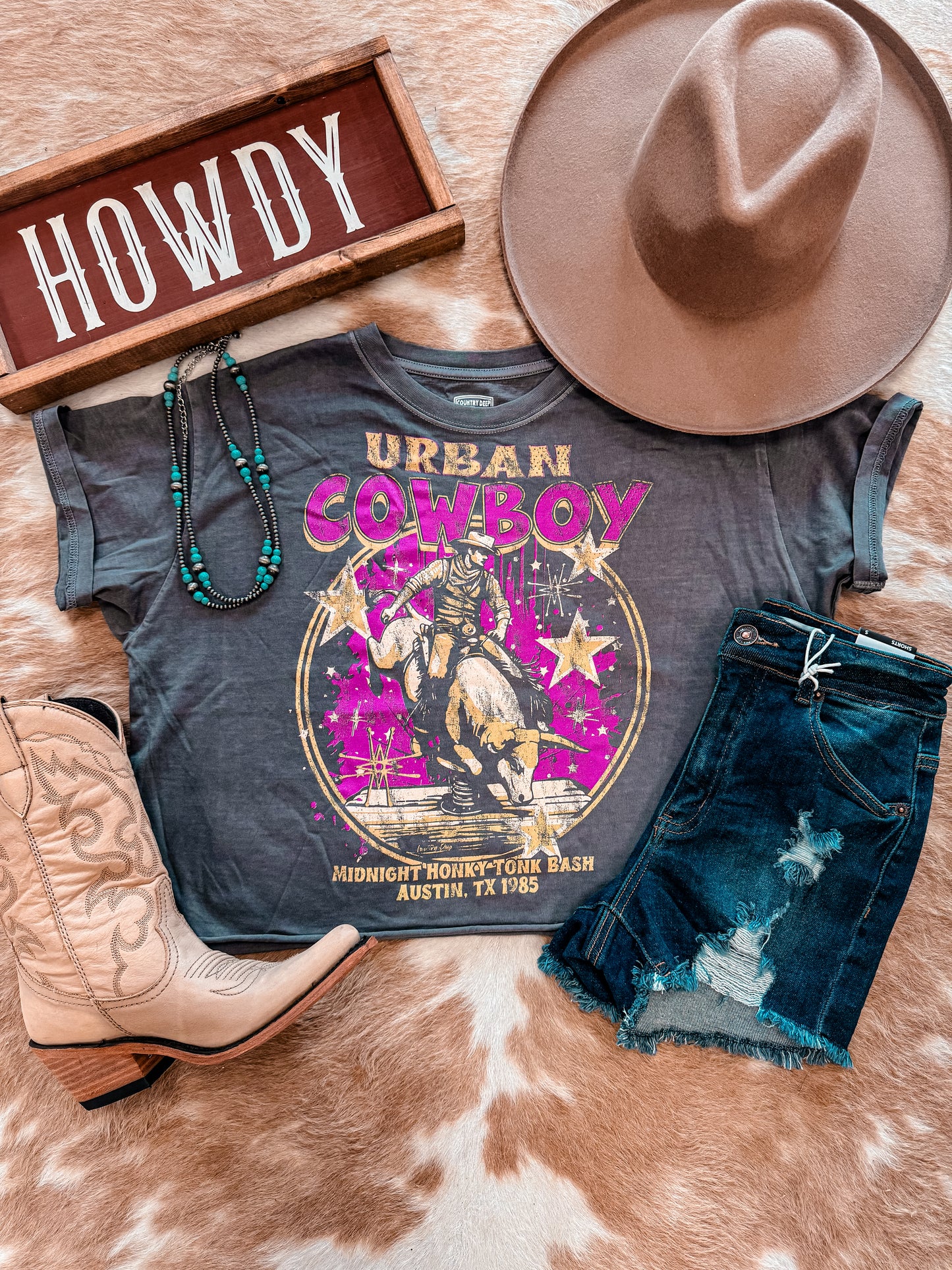Urban Cowboy Texas Cropped Tee (Charcoal) - The Vintage Emmie