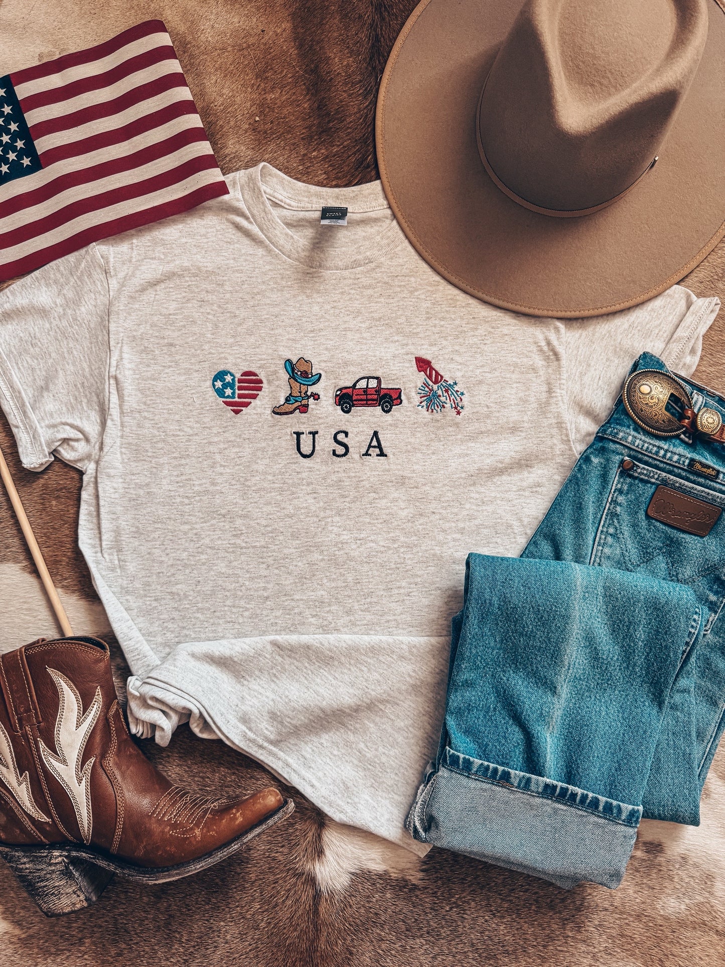 USA Western Embroidered Tee (Ash)