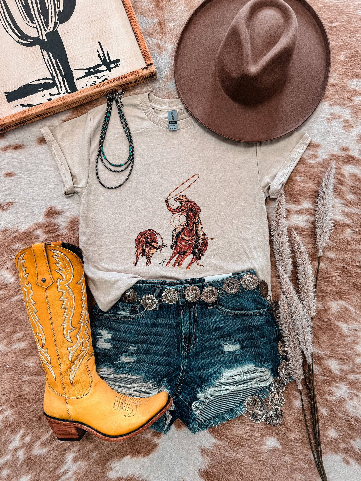 Cowboy Steer Ropin Tee (Tan) - The Vintage Emmie