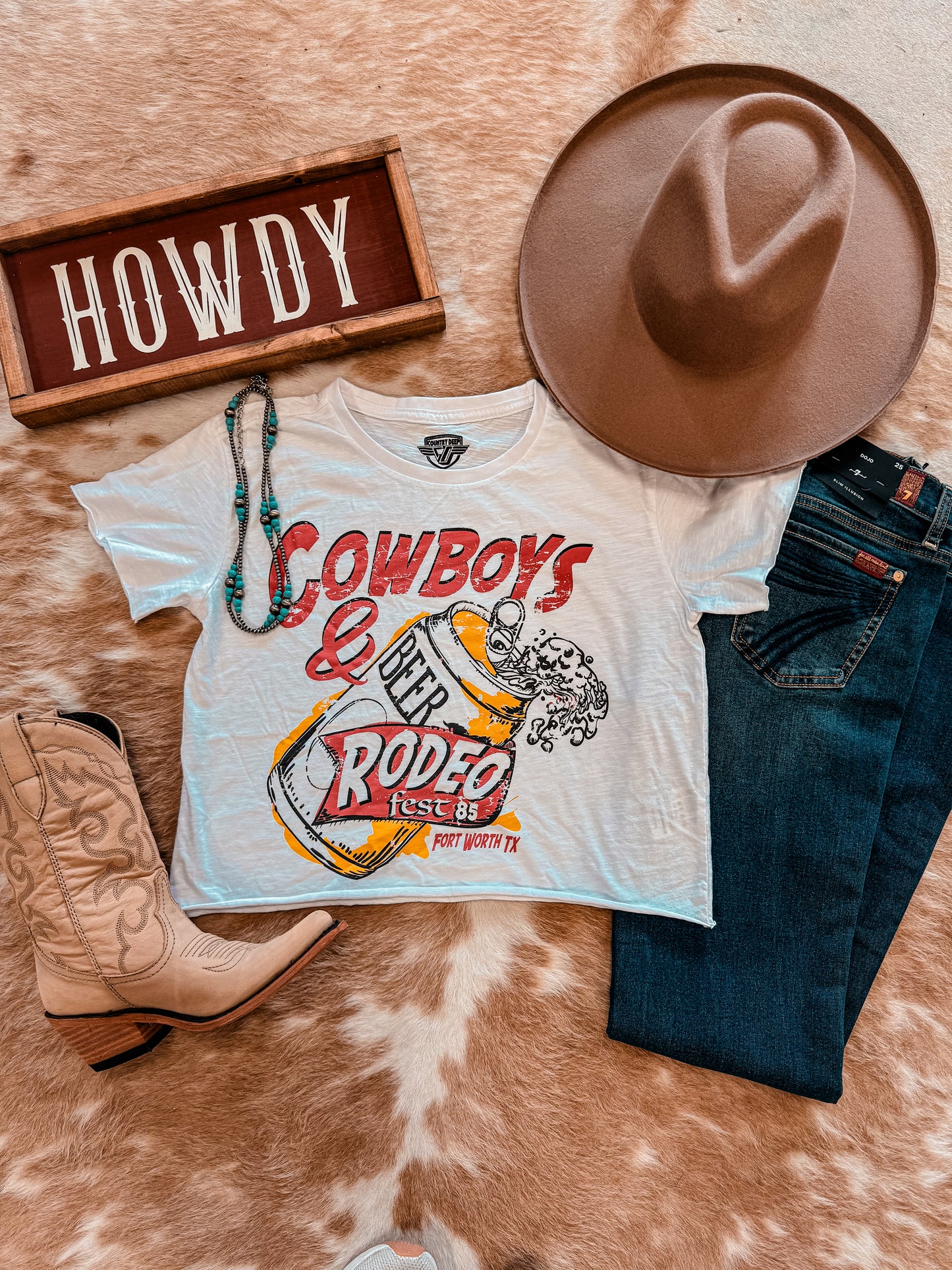 Cowboys & Beer Crop Tee (White) - The Vintage Emmie