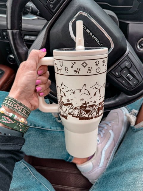 The Cattle Drive 32oz Flip Top Tumbler (Cream) - The Vintage Emmie
