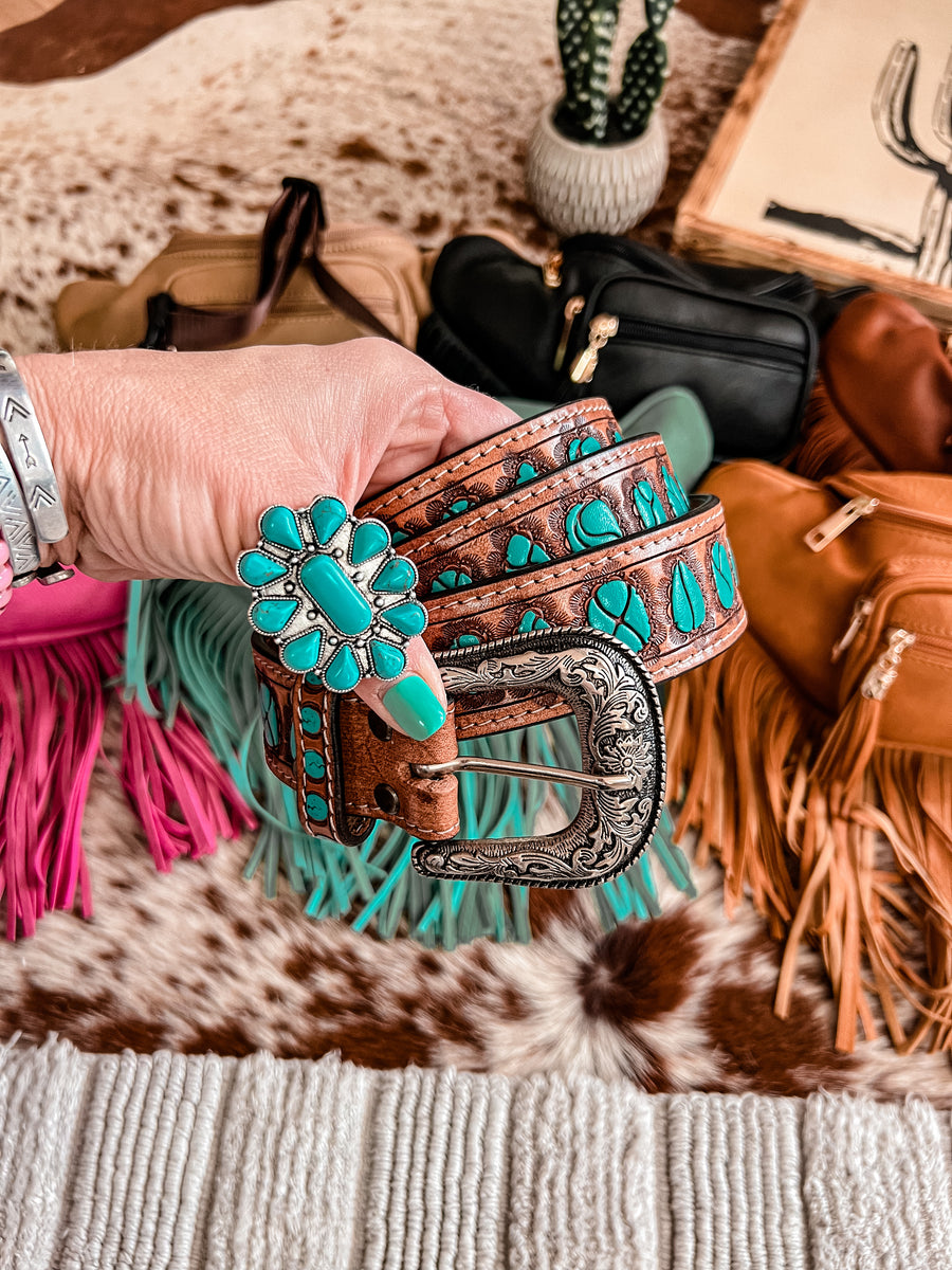 Turquoise Accent Hand Tooled Leather Belt | Wild Wild West | TRAVELTELI 40