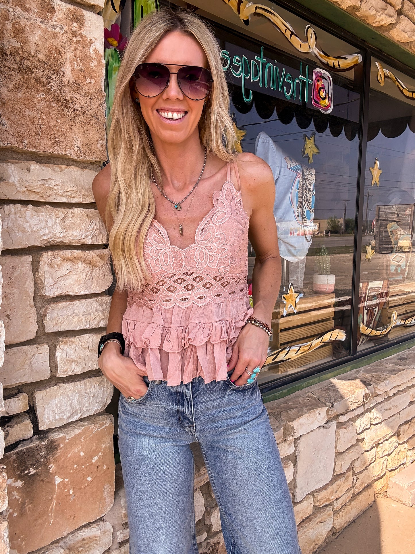 The Lesley Spaghetti Strap Top (Rose) - The Vintage Emmie