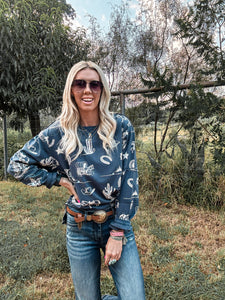The Whittset Western Long Sleeve Top (Blue) - The Vintage Emmie