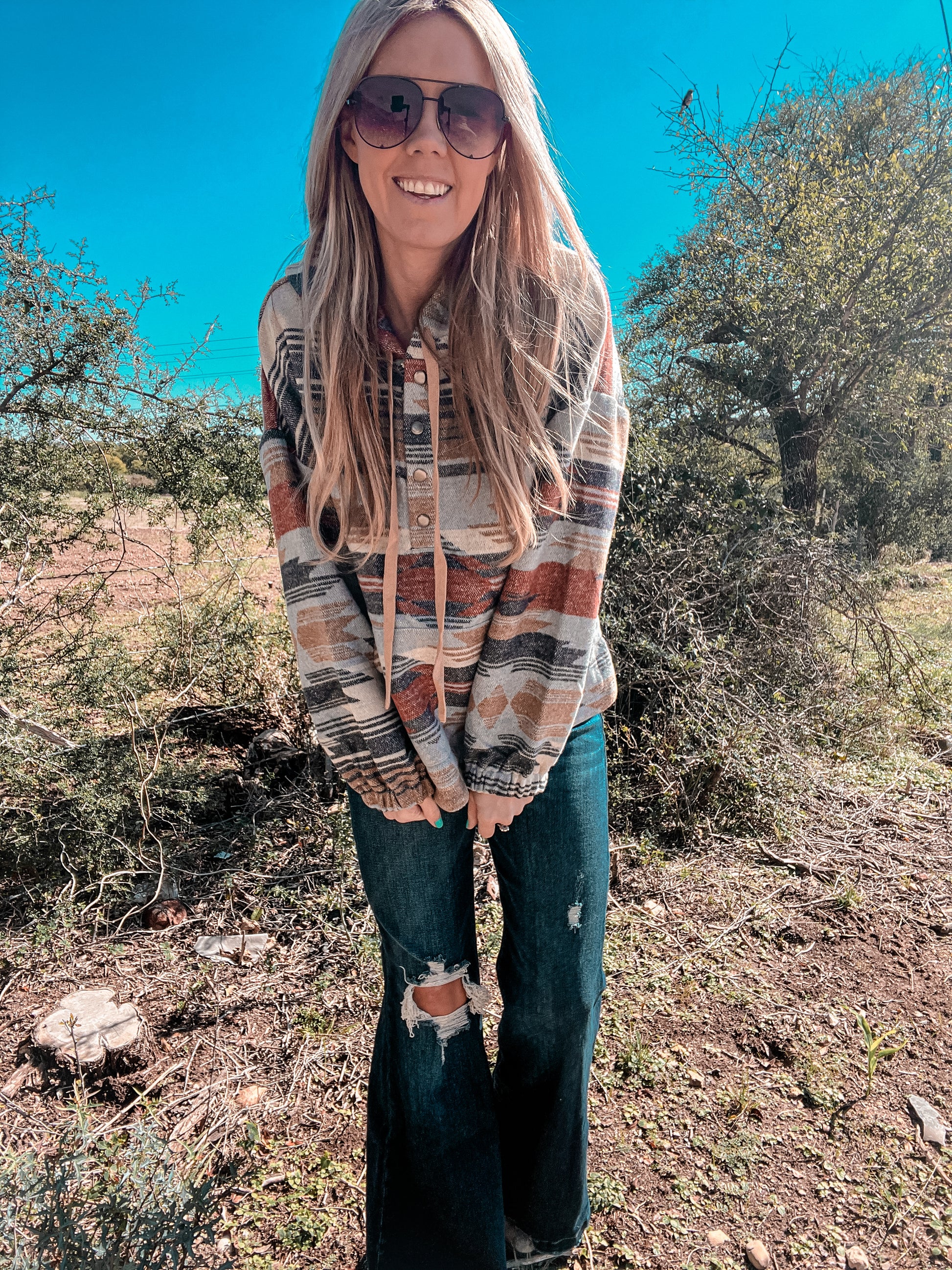 The Ballinger Aztec Hooded Pullover (Navy Mix) - The Vintage Emmie