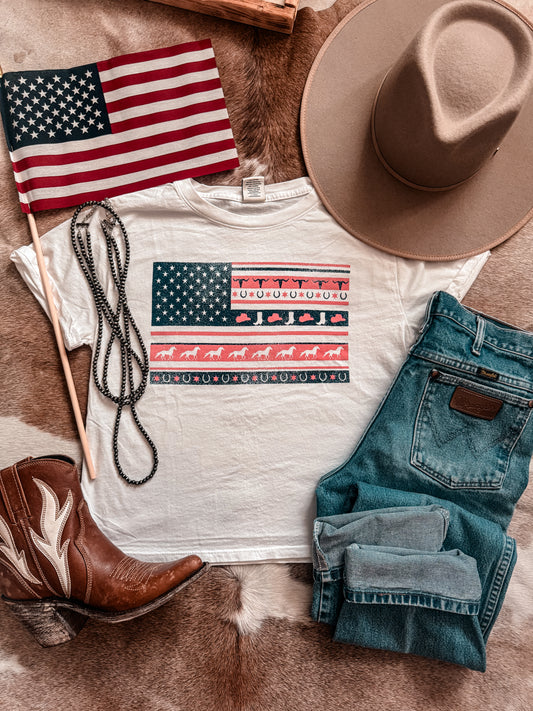 The Western USA Flag Cropped Tee (White) - The Vintage Emmie