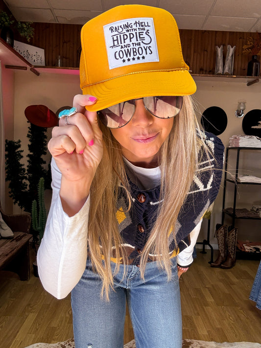 Hippies and Cowboys Trucker Hat (Mustard) - The Vintage Emmie