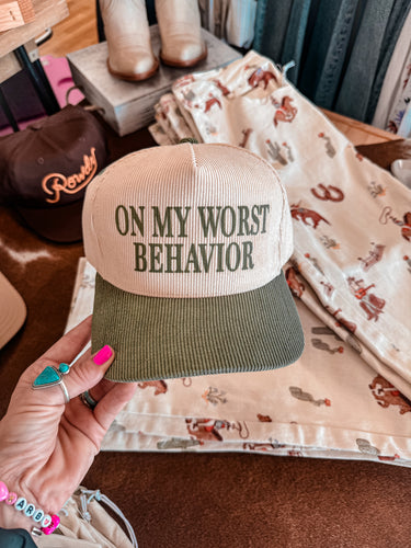 On My Worst Behavior Corduroy Hat (Sage) - The Vintage Emmie