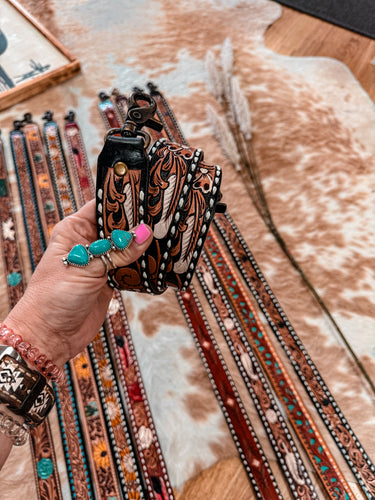 Tooled Leather Purse Strap (Black & Red Dot Flower)