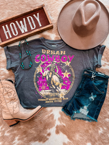 Urban Cowboy Texas Cropped Tee (Charcoal)