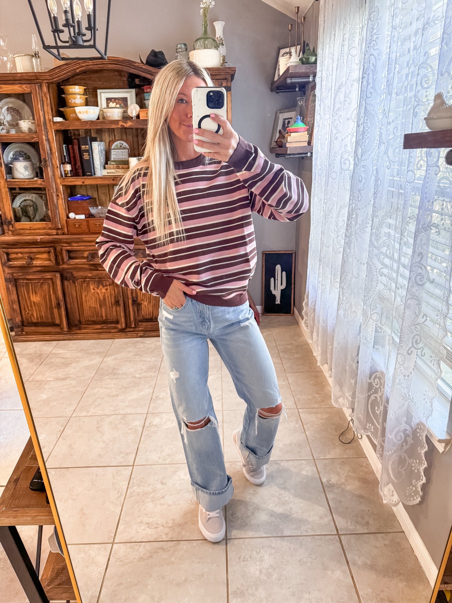 the Oriana Multi Color Long Sleeve Top (Brown & Pink)