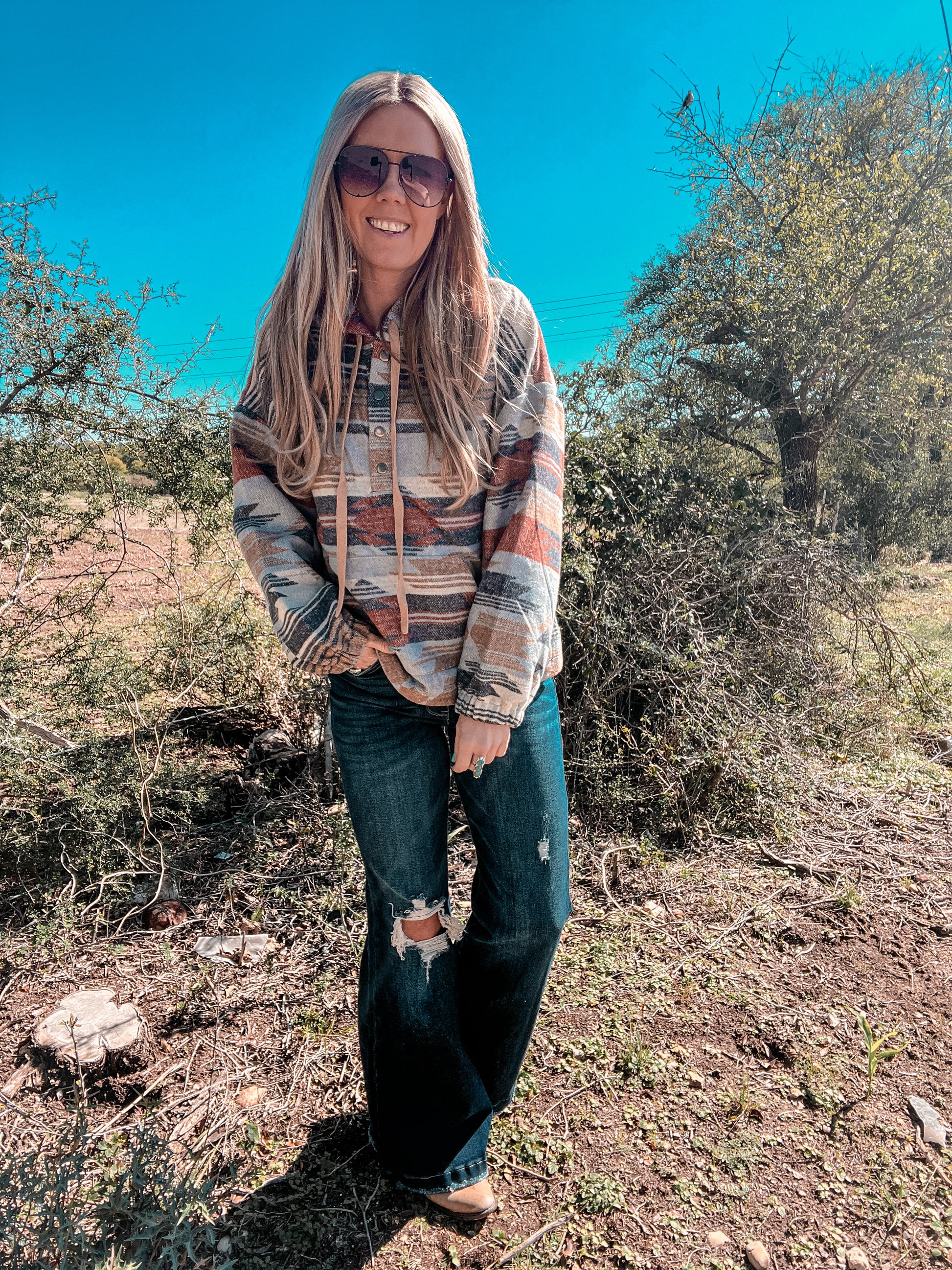 The Ballinger Aztec Hooded Pullover (Navy Mix) - The Vintage Emmie