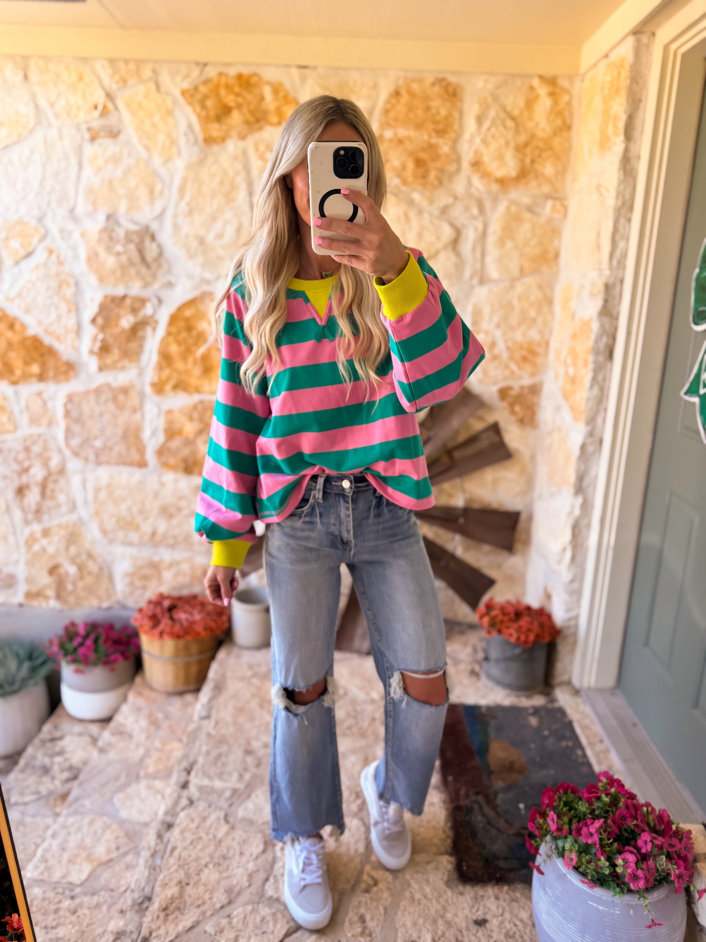 The Carter Stripe Oversized Top (Pink & Green)