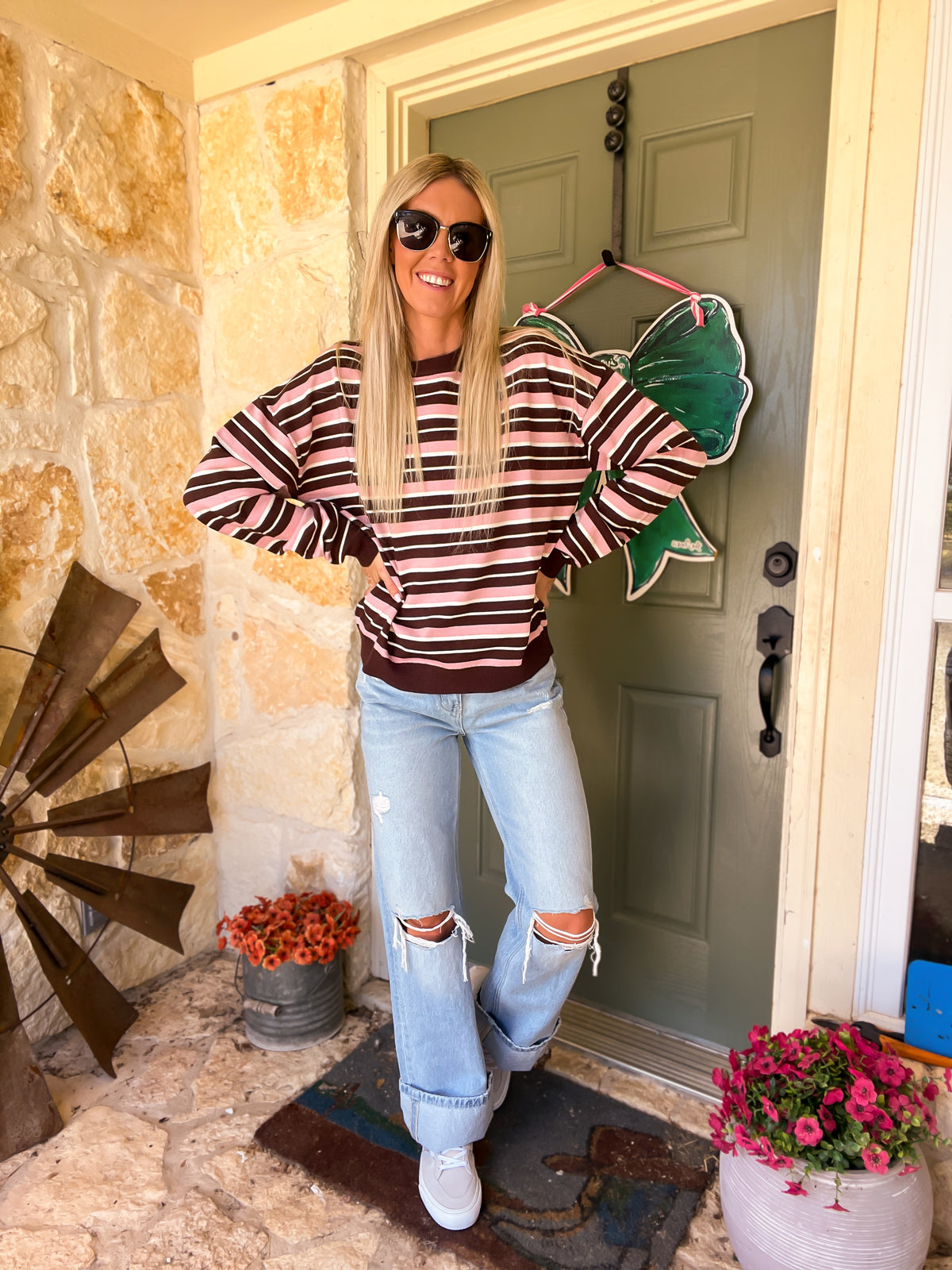 the Oriana Multi Color Long Sleeve Top (Brown & Pink)