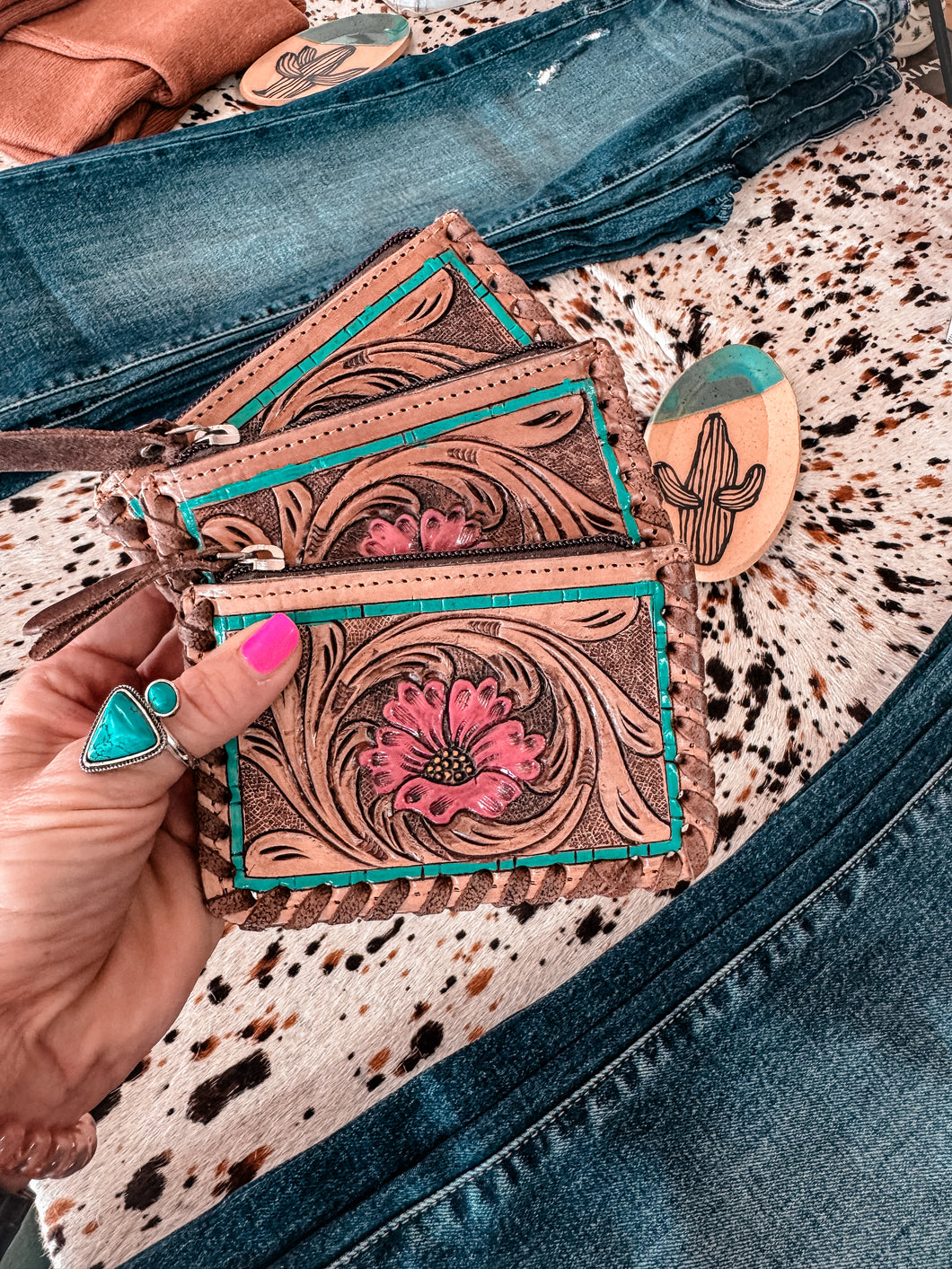 Tooled Leather & Cowhide Coin Purse (Pink Flower)