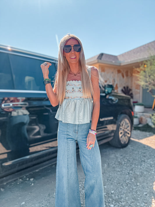 The Tira Floral Linen Top (Blue) - The Vintage Emmie