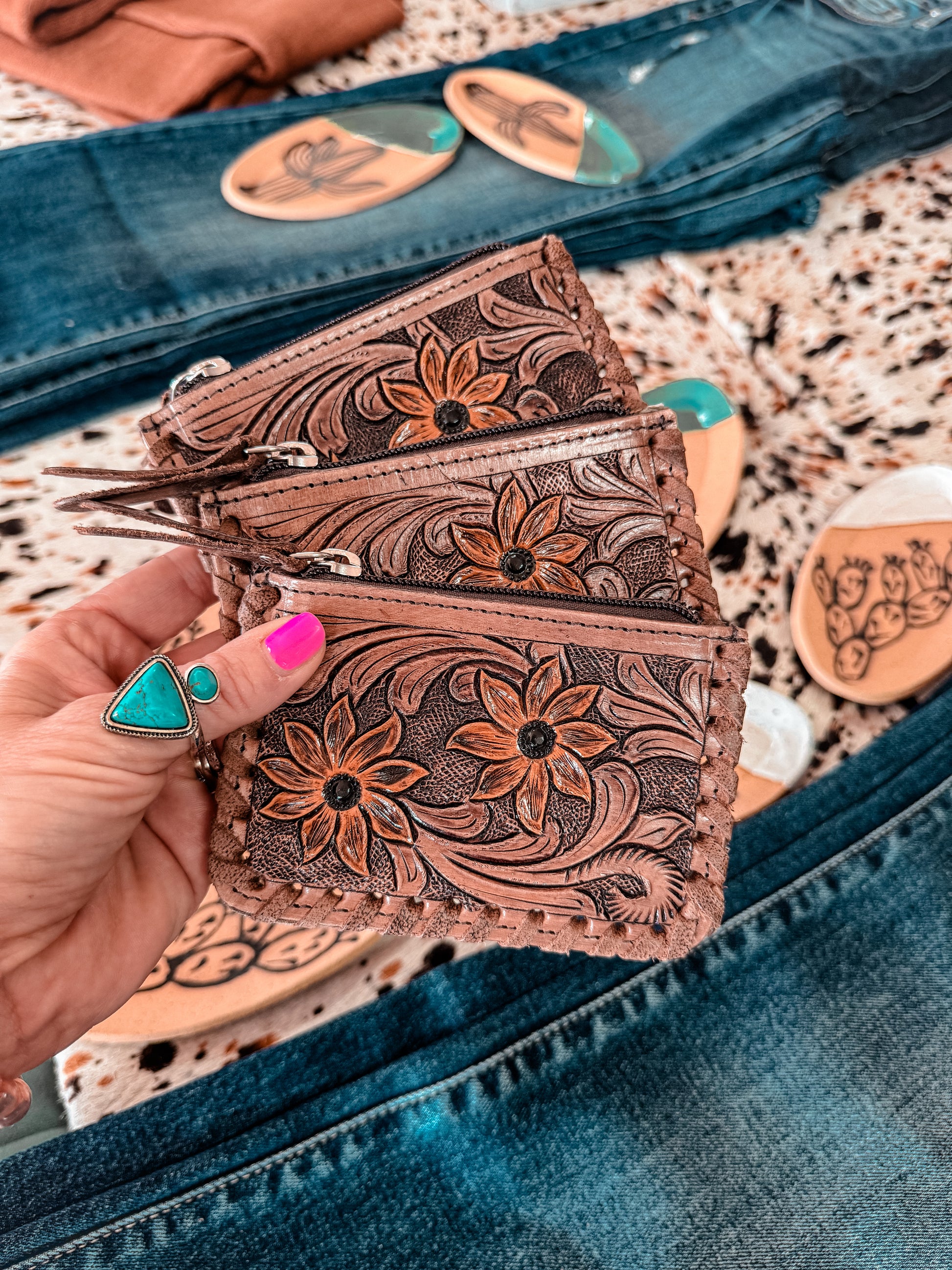Tooled Leather & Cowhide Coin Purse (Sunflower) - The Vintage Emmie