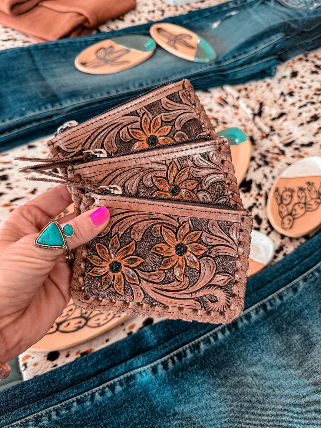 Tooled Leather & Cowhide Coin Purse (Sunflower)