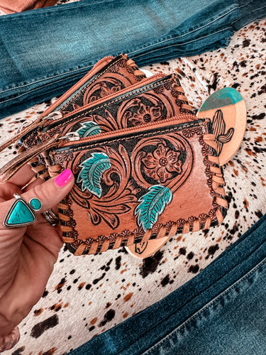 Tooled Leather & Cowhide Coin Purse (Blue Feather)