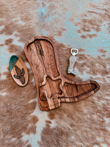 The San Antonio Acacia Wood Cowboy Boot Chip & Dip Platter