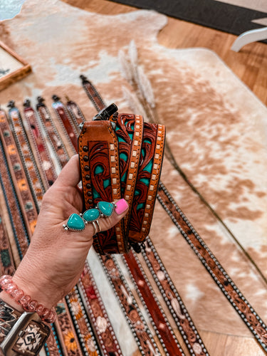 Tooled Leather Purse Strap (Turquoise Cutout & Studs)