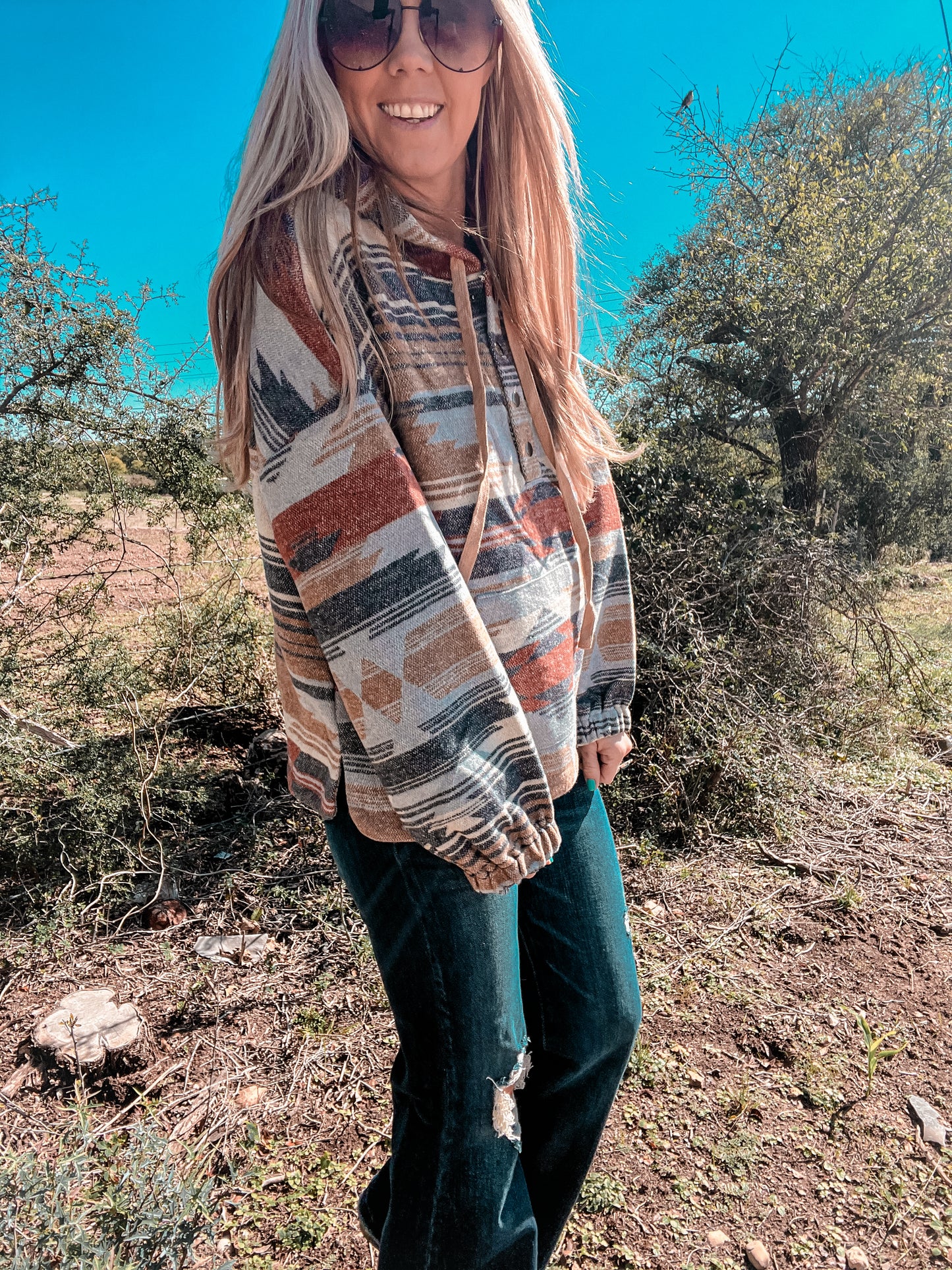 The Ballinger Aztec Hooded Pullover (Navy Mix) - The Vintage Emmie