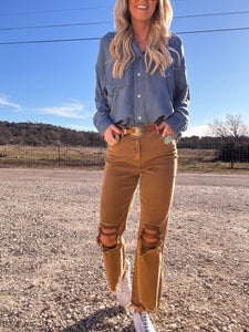 The Texline High Waisted Cropped Jeans (Acid Wash Camel)