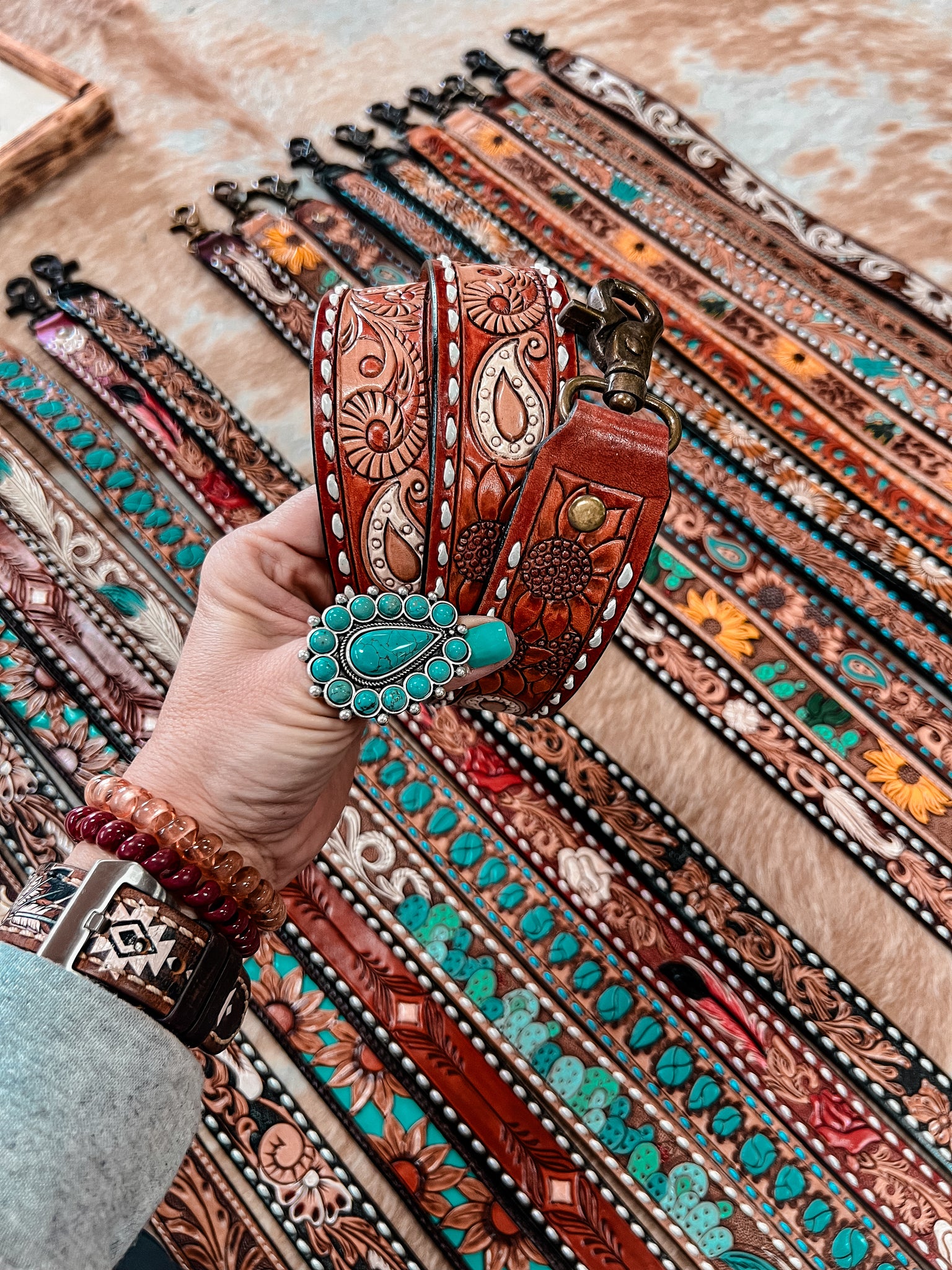 Leather Tooled Purse Strap Red Paisley