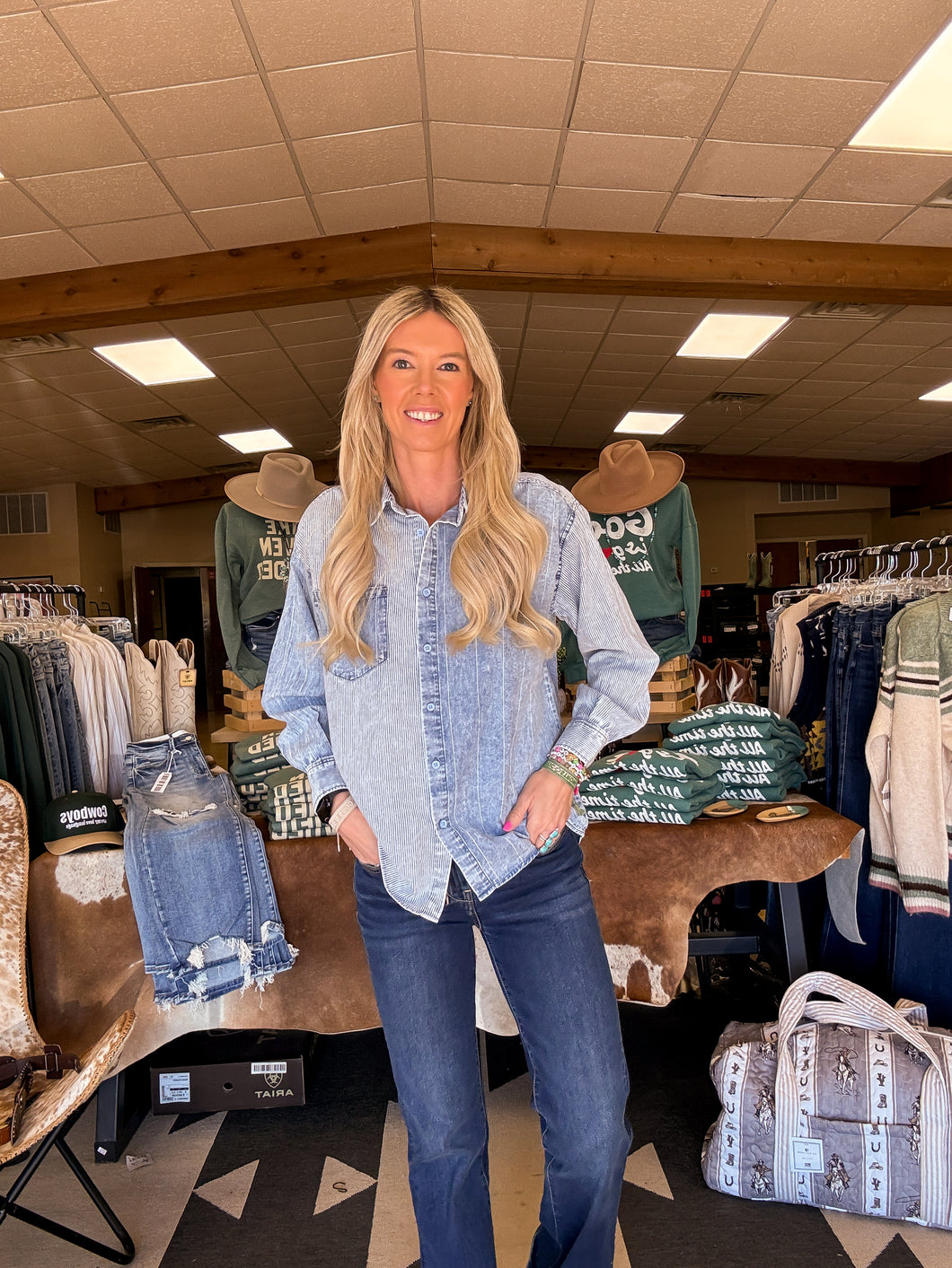 The Texola Stripe Button Down (Denim) - The Vintage Emmie