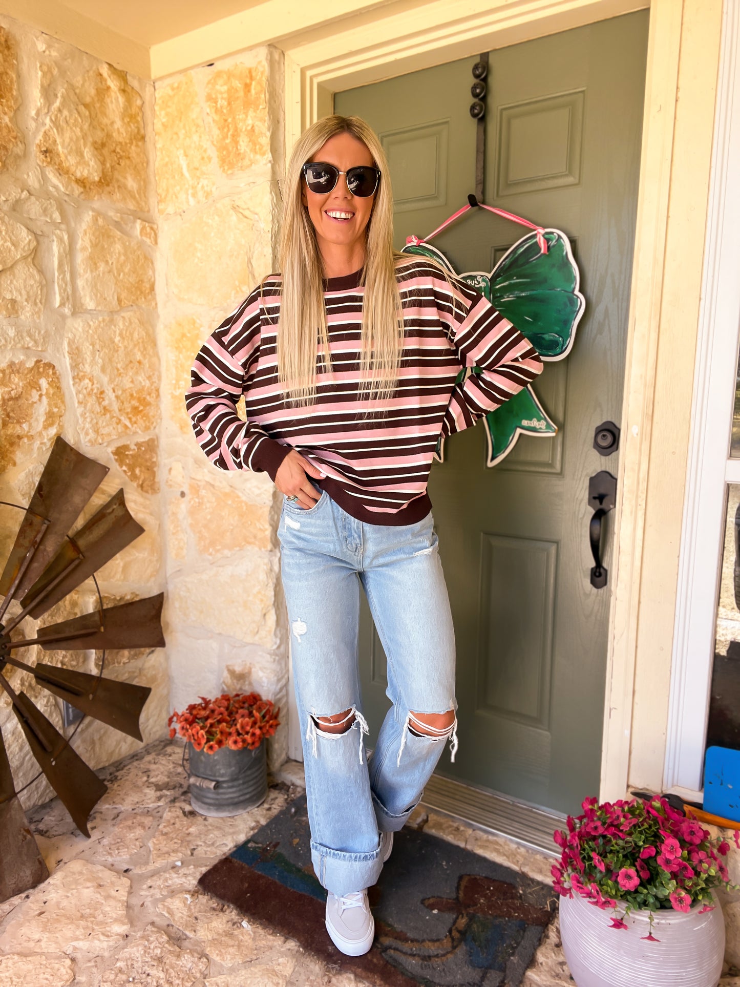 the Oriana Multi Color Long Sleeve Top (Brown & Pink)