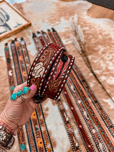 Tooled Leather Purse Strap (Red Feathers & Flowers)