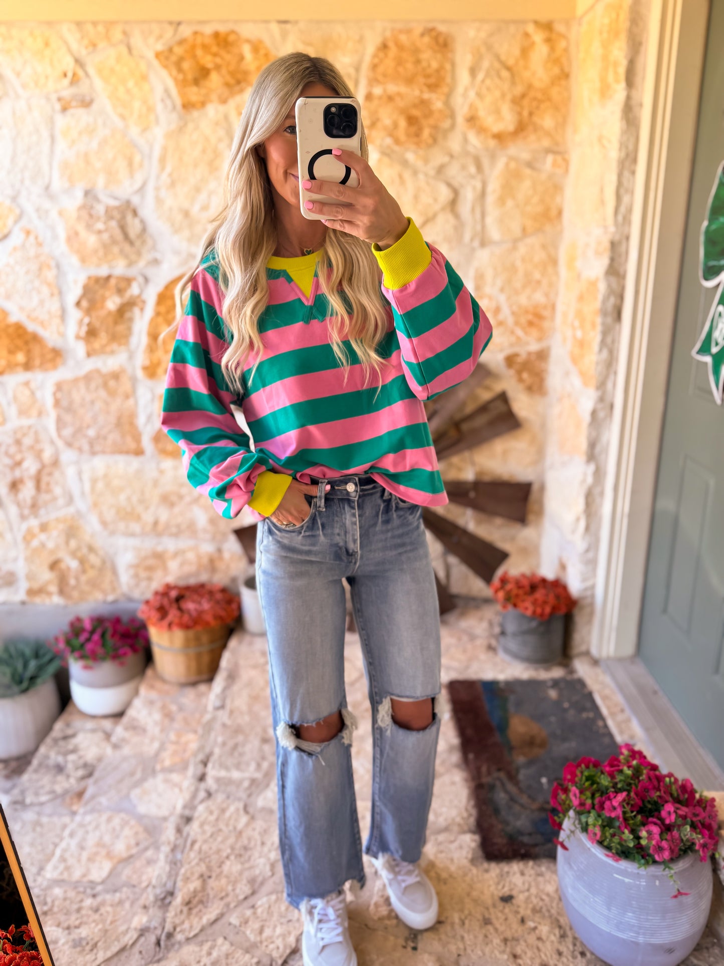 The Carter Stripe Oversized Top (Pink & Green)