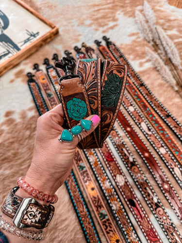 Tooled Leather Purse Strap (Light Brown & Colored Flowers)