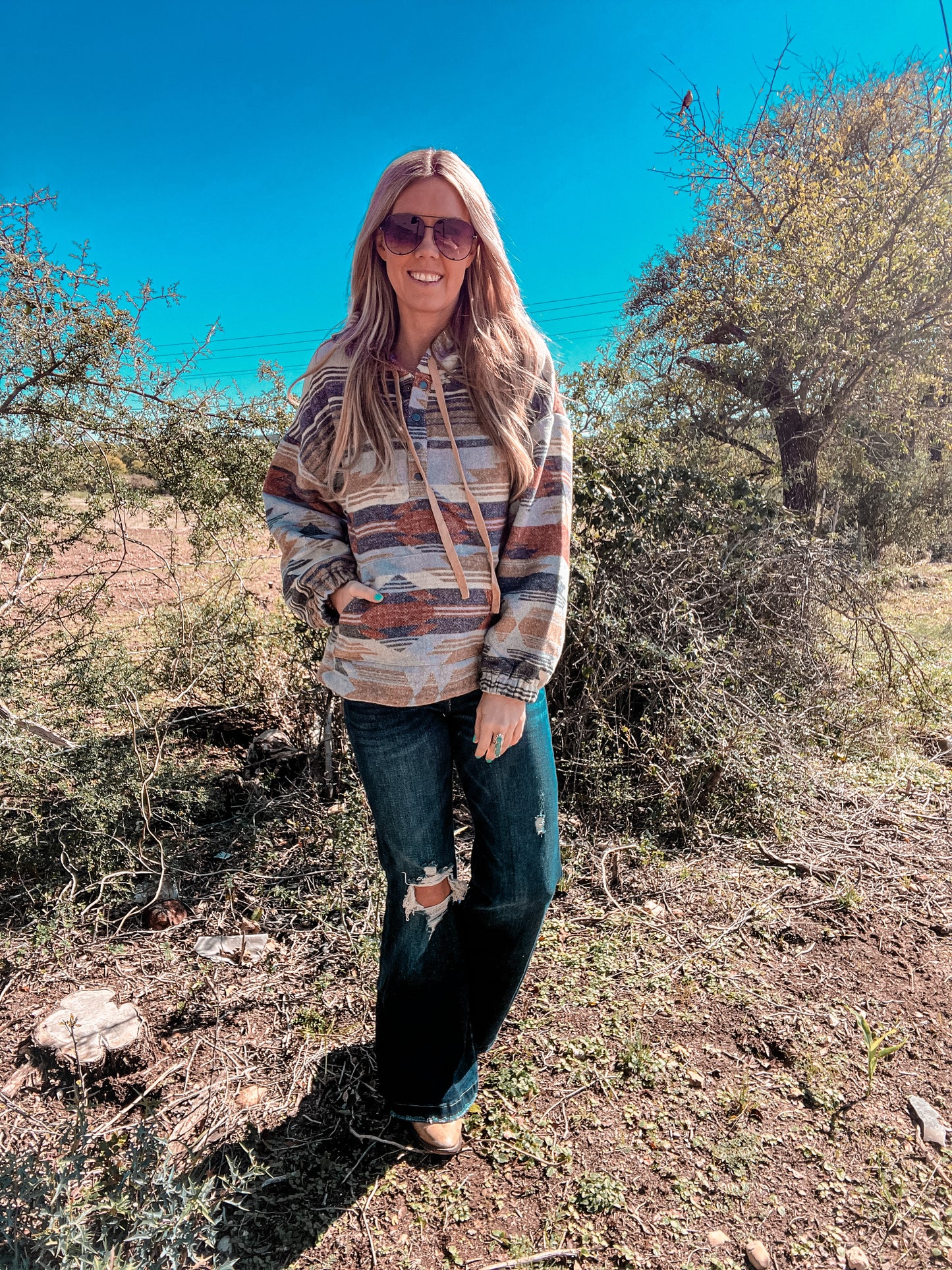 The Ballinger Aztec Hooded Pullover (Navy Mix) - The Vintage Emmie