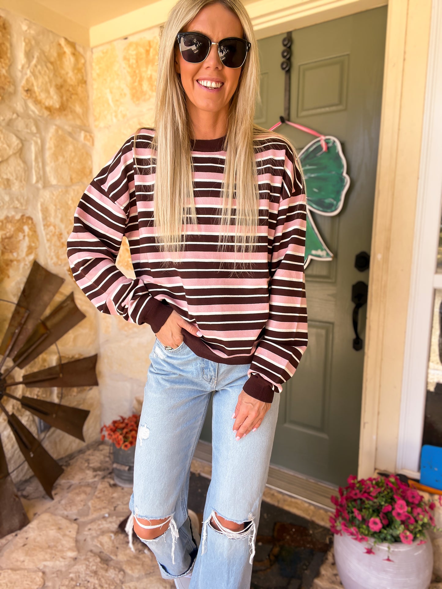 the Oriana Multi Color Long Sleeve Top (Brown & Pink)