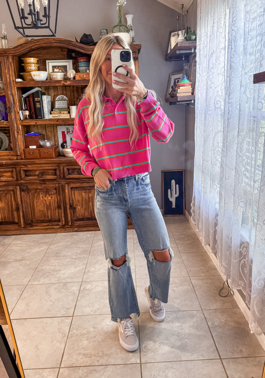 The Saluria Cropped Stripe Top (Pink & Turquoise)