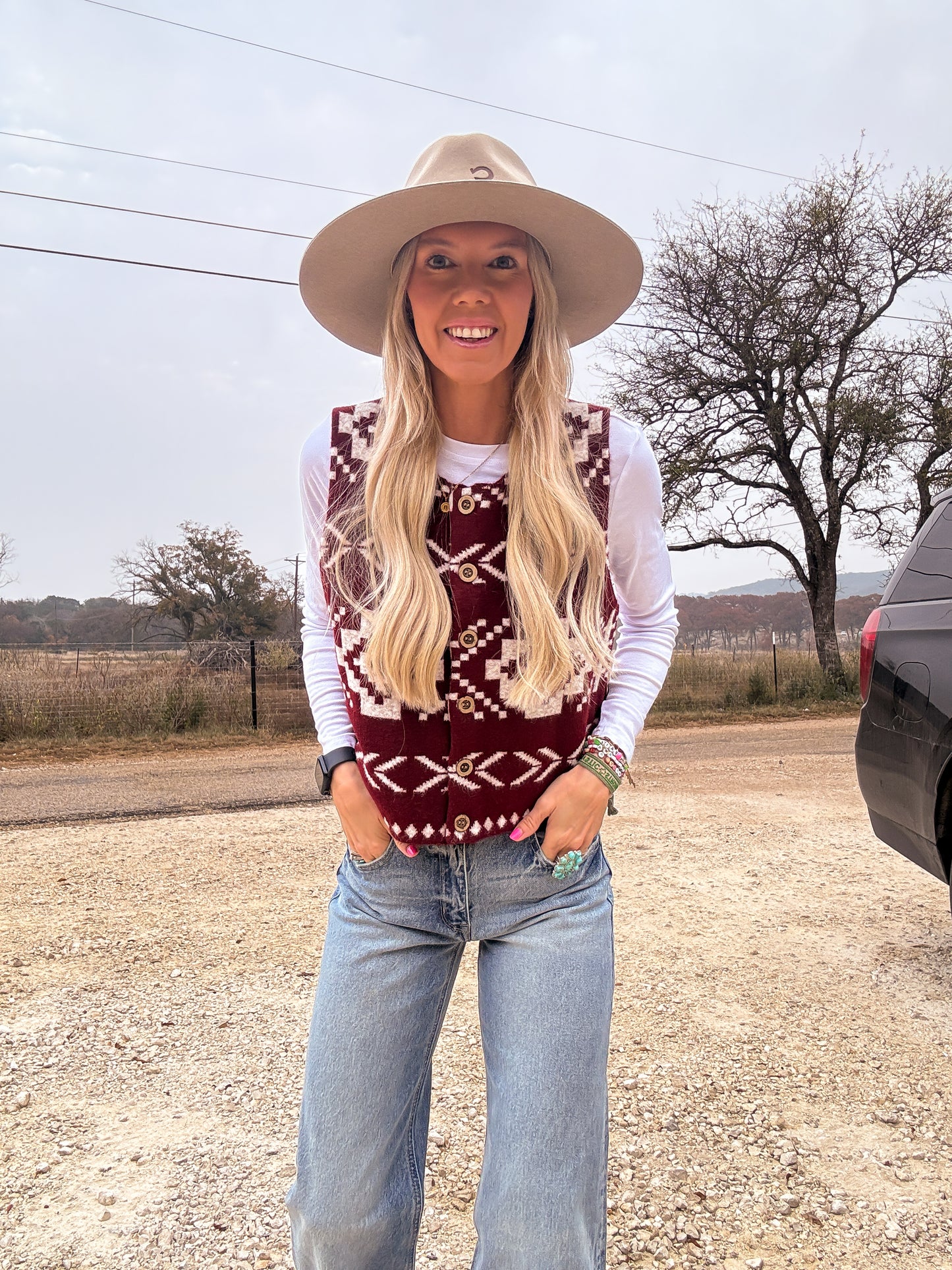 The Emory Sweater Vest (Red Aztec) - The Vintage Emmie