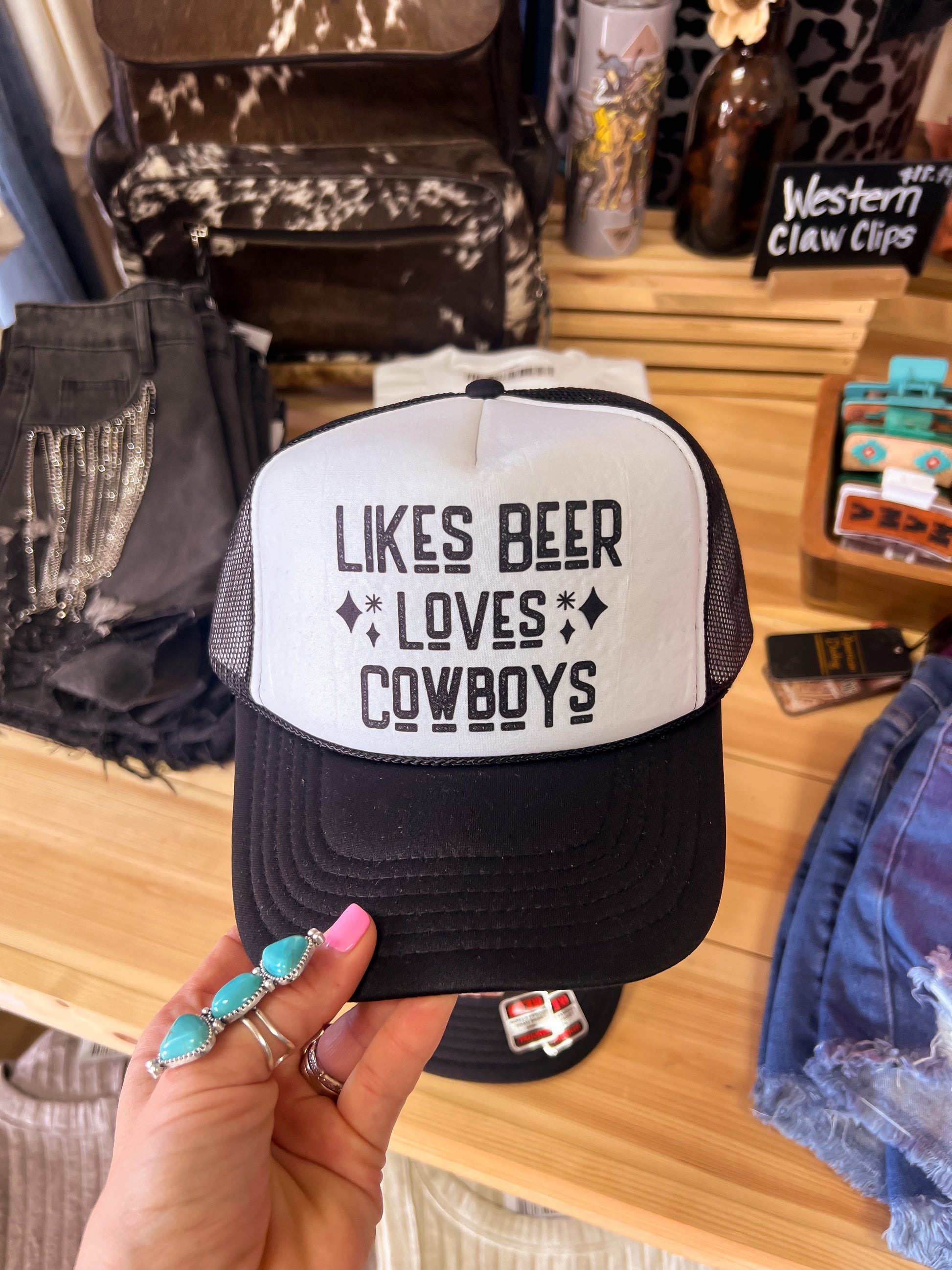 Likes Beer Loves Cowboys Trucker Hat (Black & White) - The Vintage Emmie