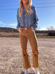 The Texline High Waisted Cropped Jeans (Acid Wash Camel)