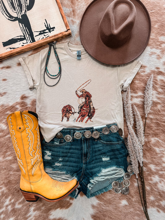 Cowboy Steer Ropin Tee (Tan) - The Vintage Emmie