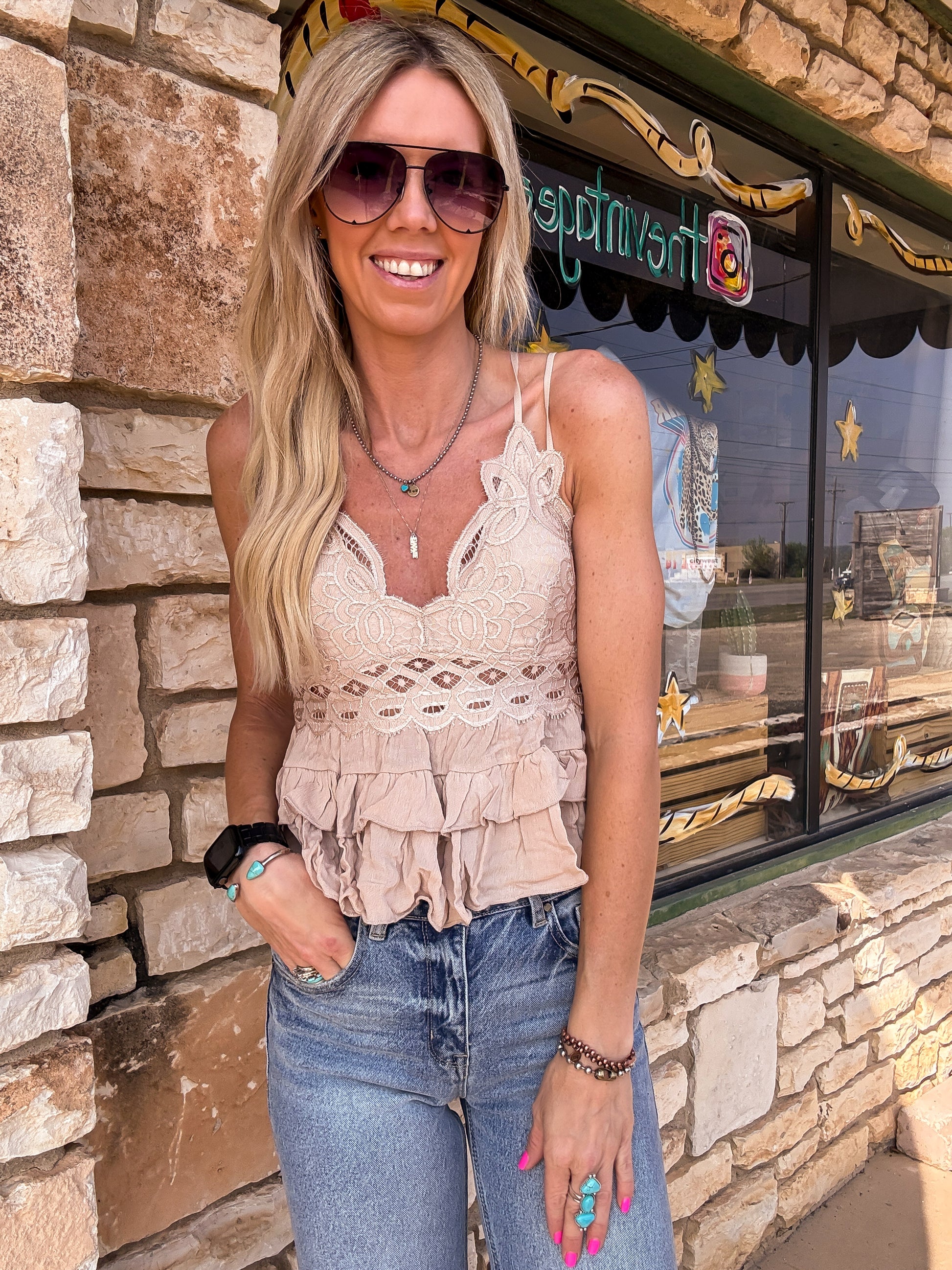 The Lesley Spaghetti Strap Top (Light Tan) - The Vintage Emmie