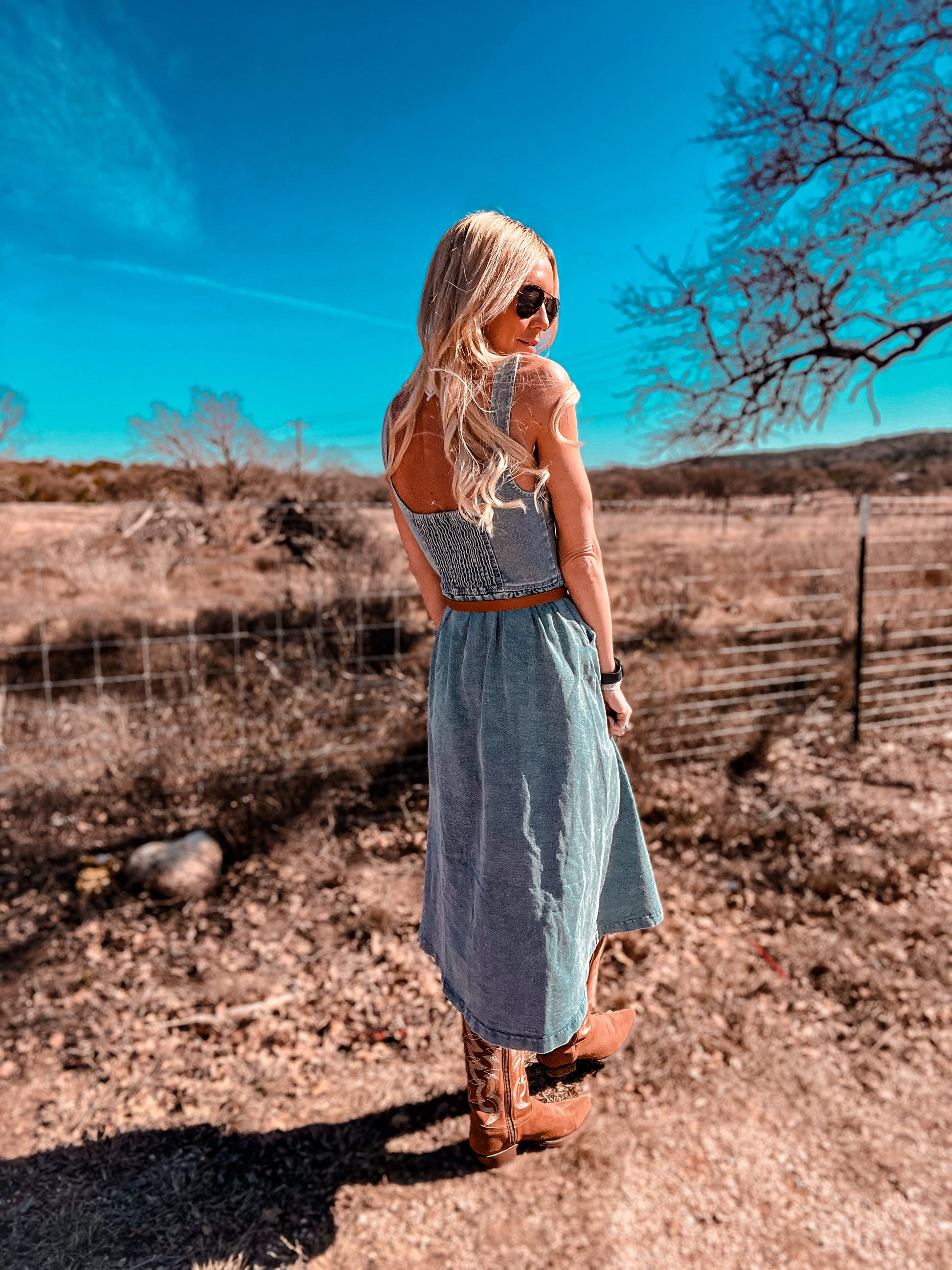 The Geneva Button Down Denim Midi Dress (Light Denim) - The Vintage Emmie