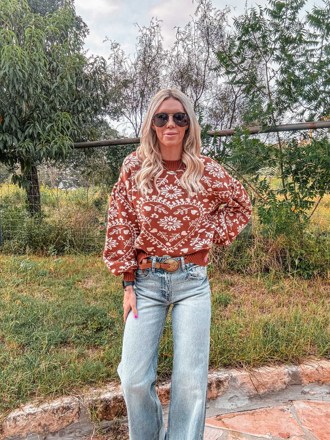 The Rosebud Heart Sweater (Rust) - The Vintage Emmie