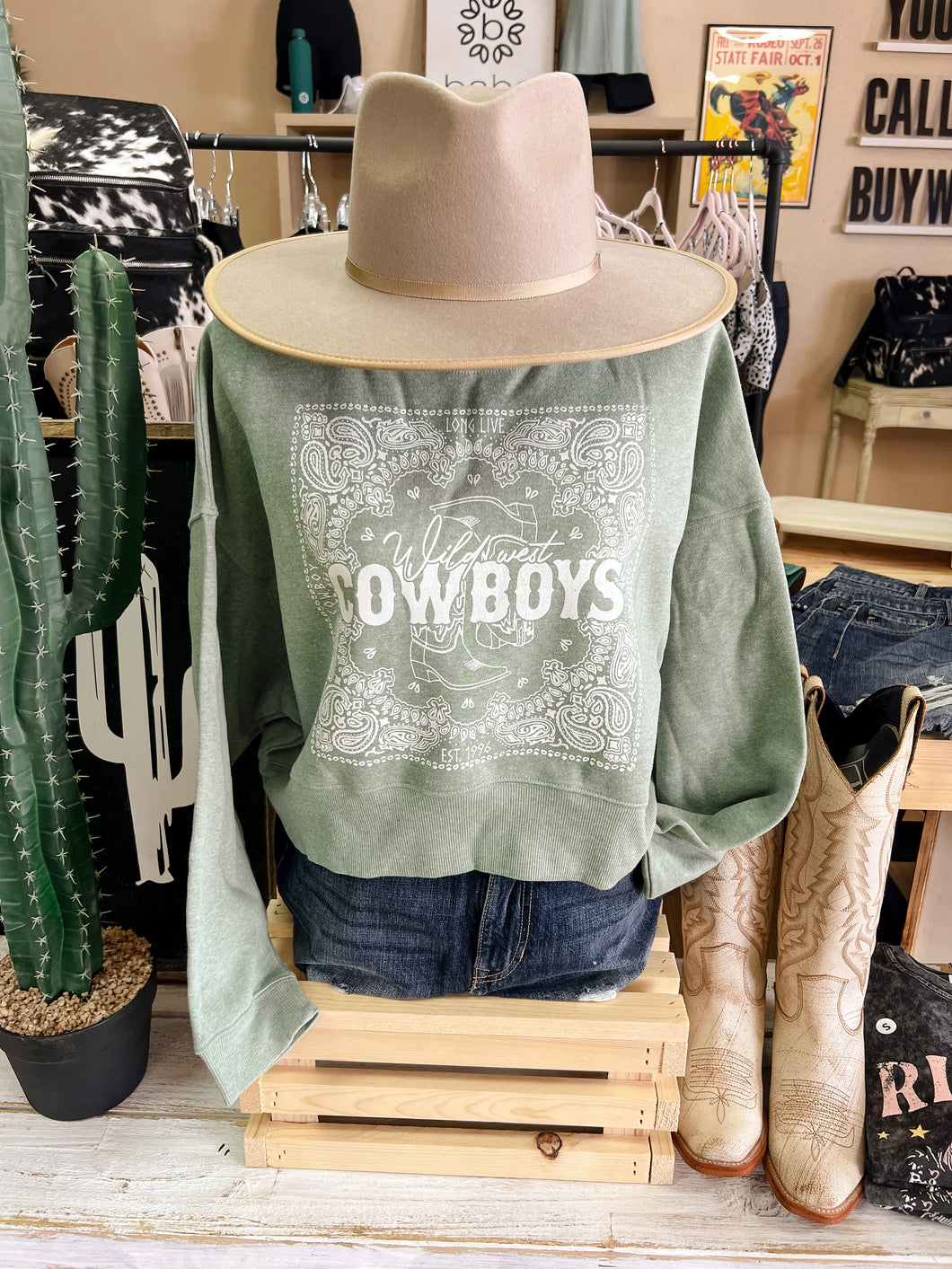 Long Live Cowboys Crop Sweater (Olive)