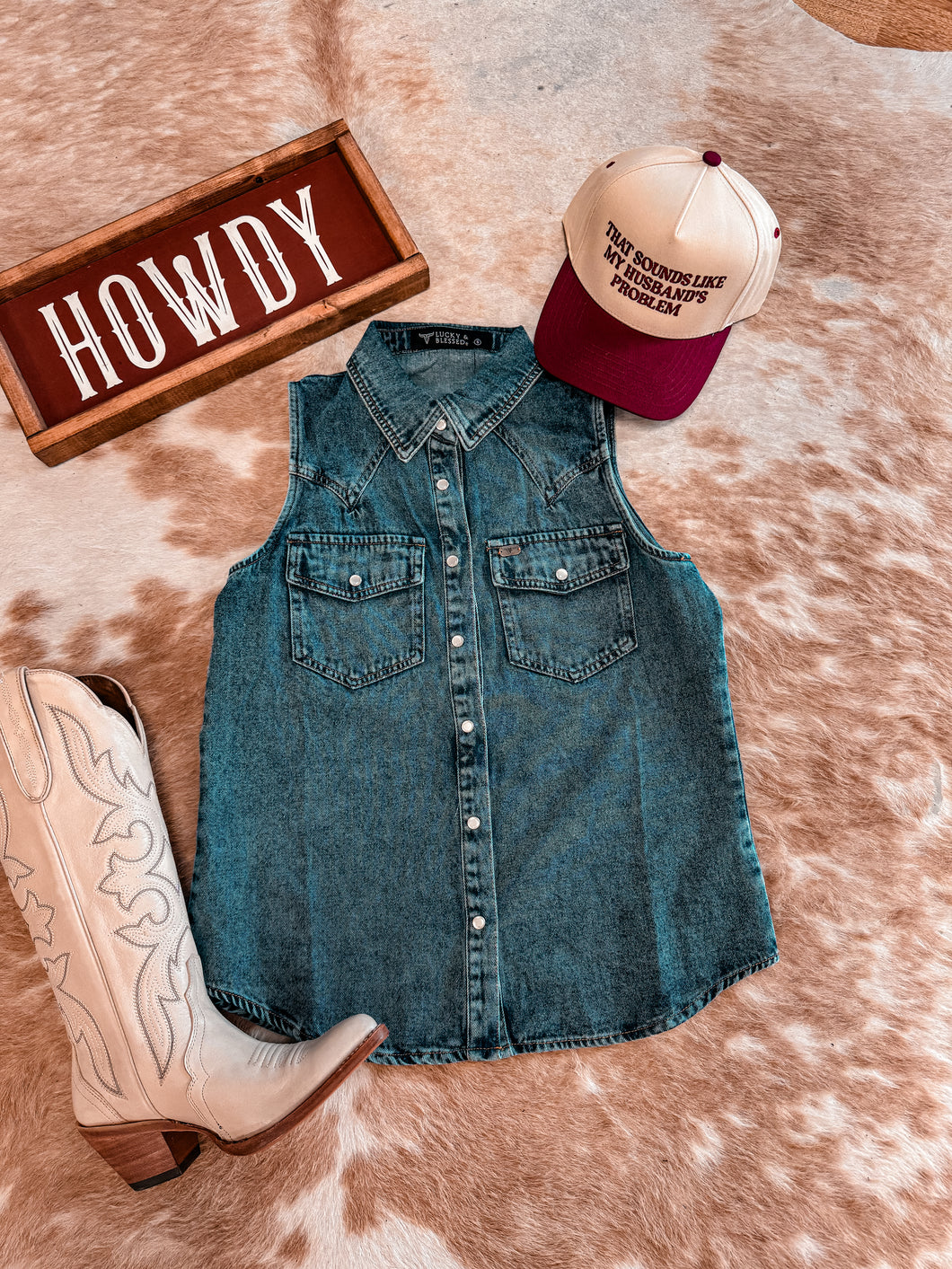 The Val Verde Sleeveless Pearl Snap Button Down (Denim) - The Vintage Emmie