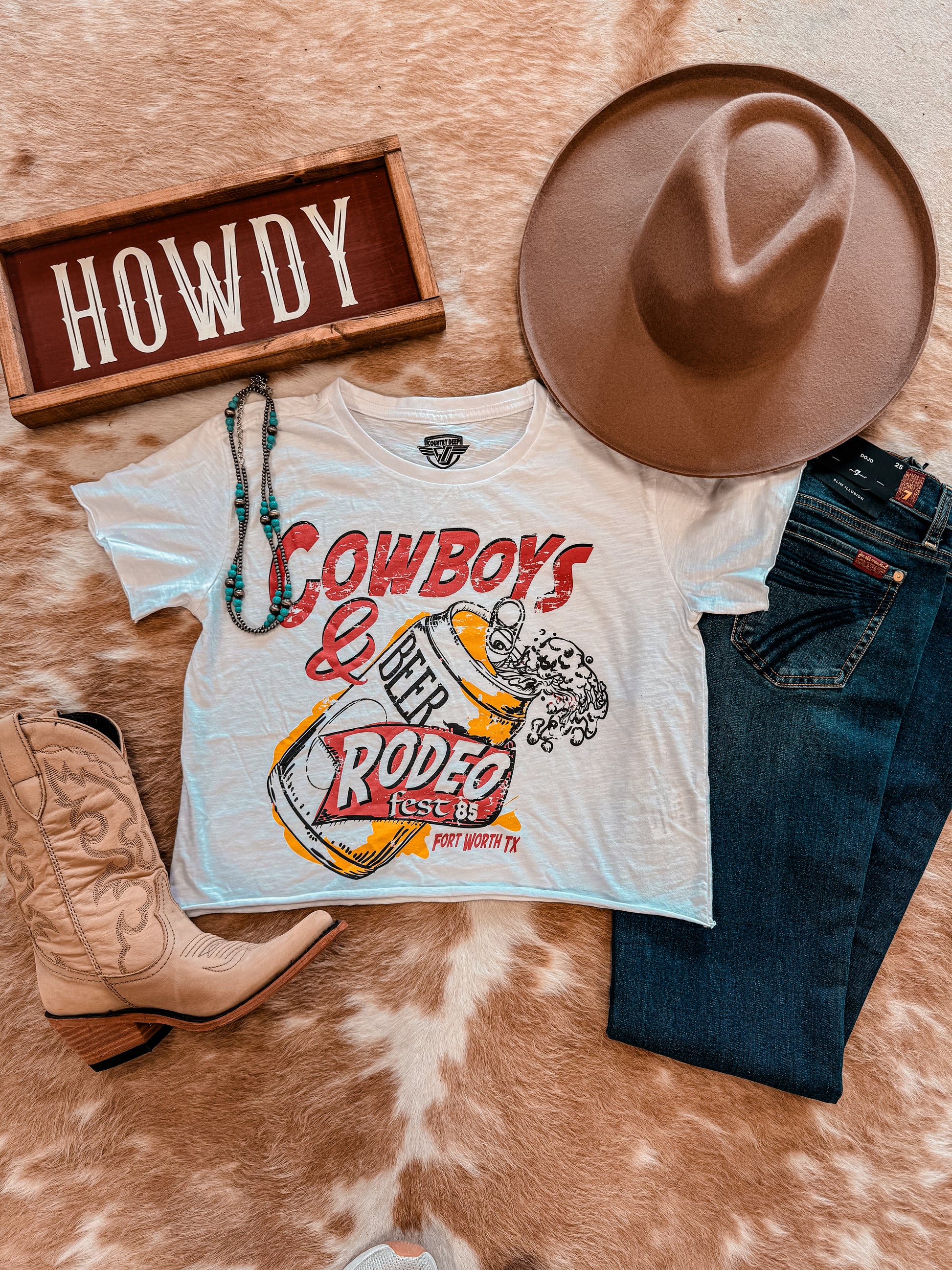 Cowboys & Beer Crop Tee (White) - The Vintage Emmie
