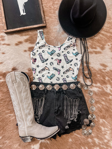 Cowboy Boots and Stars Tank Top Bodysuit (White)