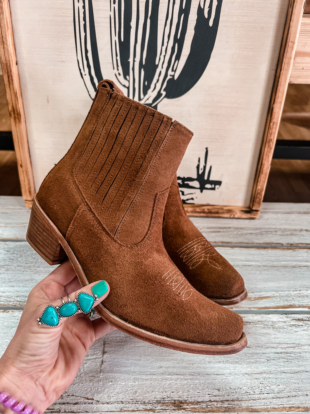Agave Sky Paige Suede Ankle Bootie (Honey Suede)
