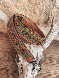 Leather Tooled Purse Strap (Turquoise Circle)