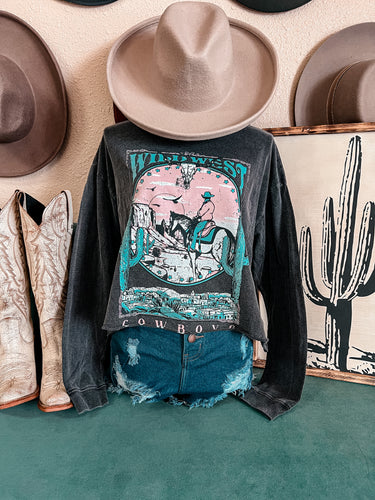 Wild West Cowboys Long Sleeve Crop Tee (Black)